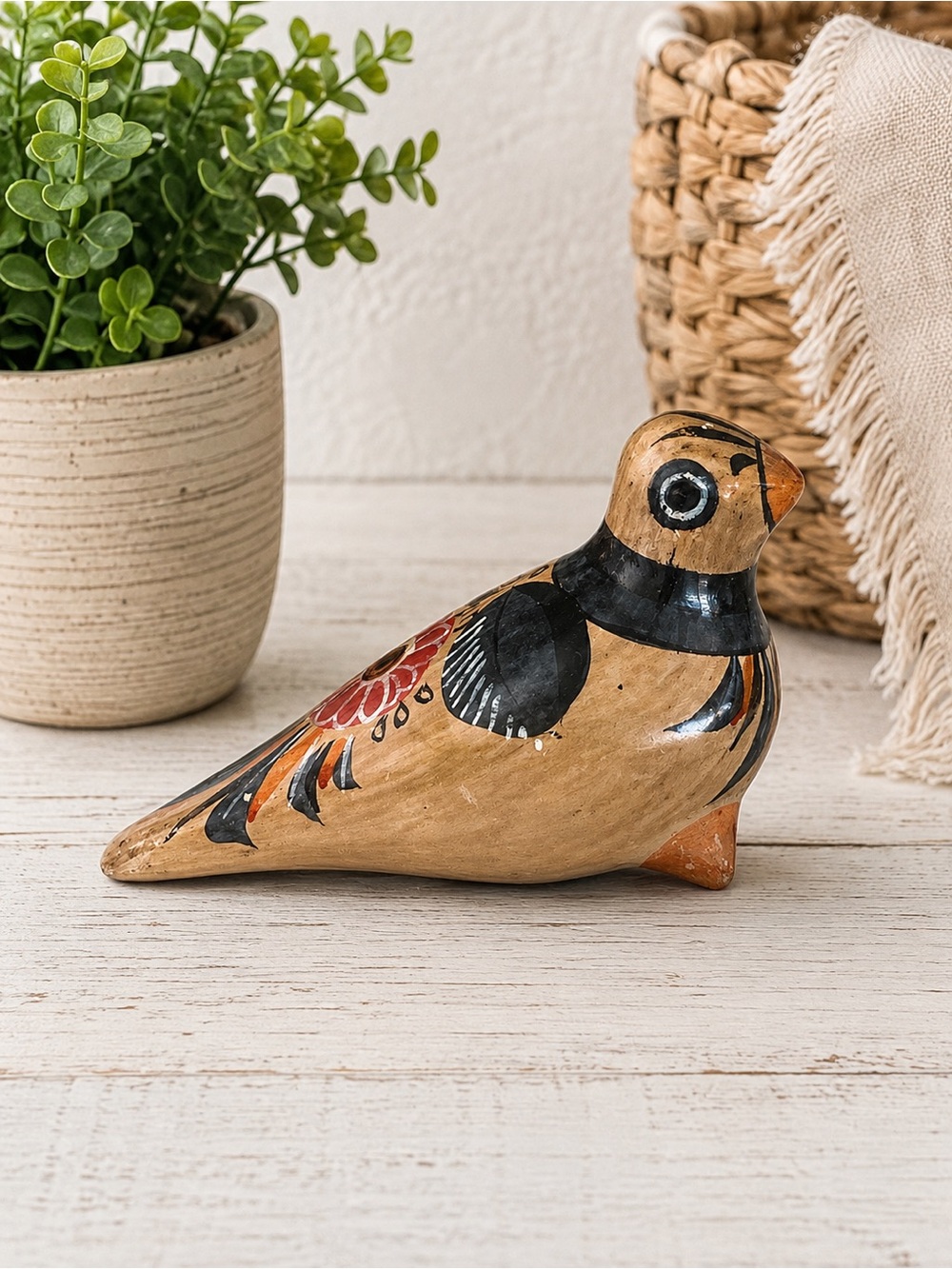 Vintage Tonala Dove Hand Painted Mexican Pottery Folk Art Bird Figurine